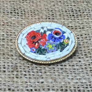 Vintage Floral ITALIAN MICRO MOSAIC Brooch / Pin